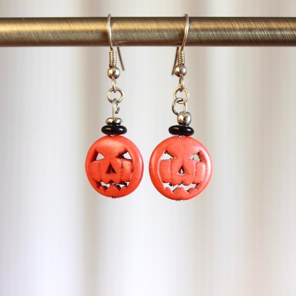 Handmade Orange Jack-o-lantern Carved Stone Beaded Dangle Earrings Halloween